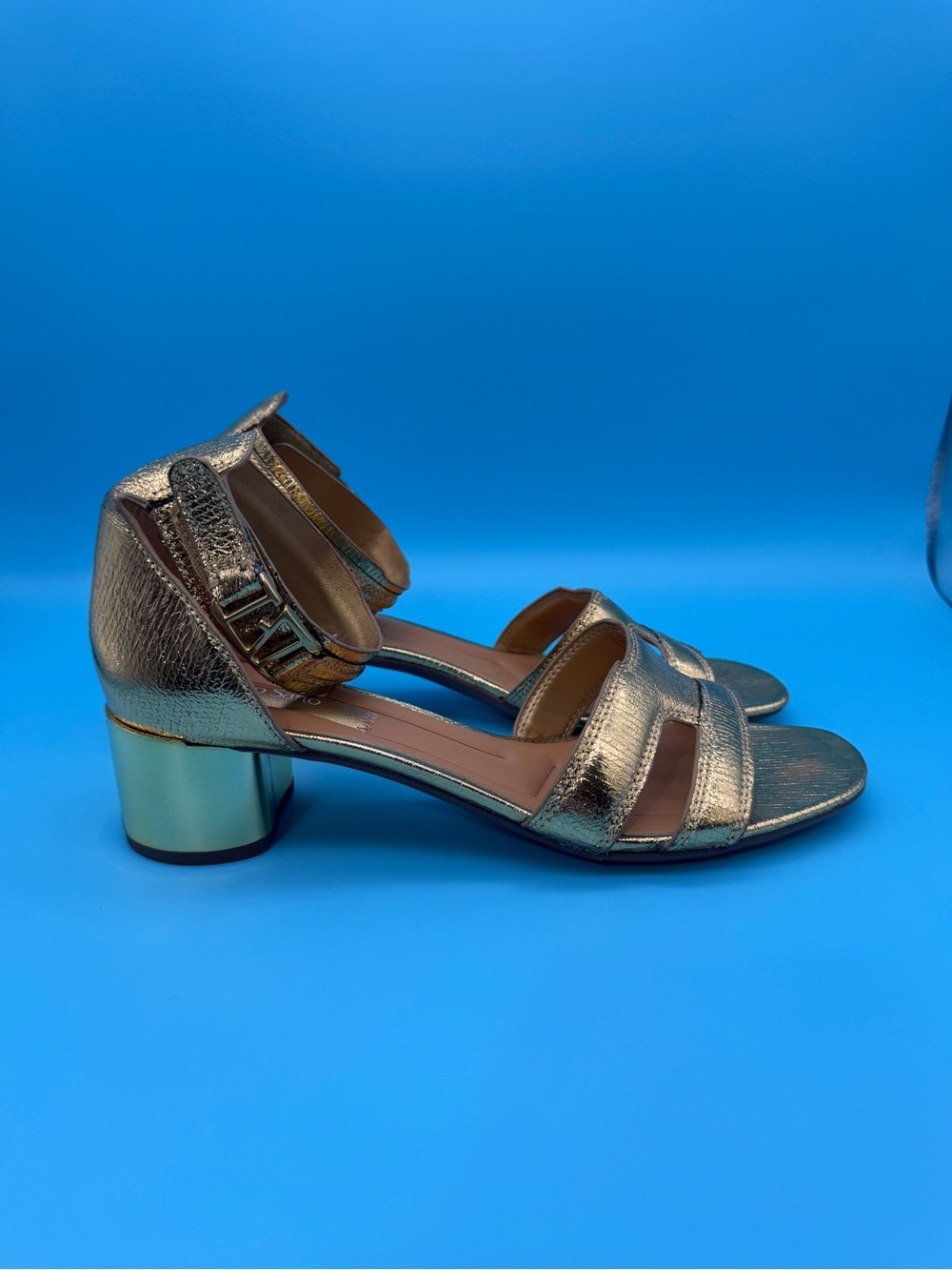 Franco Sarto Gold Metallic Open-Toe Ankle-Strap Heels